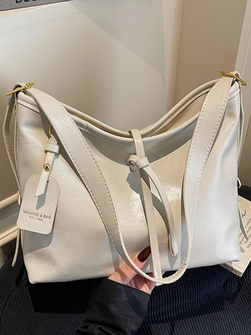 Large Capacity PU Leather Tote Bag For Women Minimalist Urban Commuting Shoulder Bag With Decorative Tag Retro Solid Color Handbag
