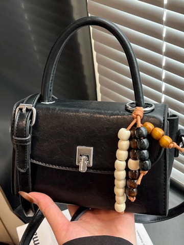 Borsa a Tracolla da Donna in Pelle PU Stile Coreano Borsa a Mano Minimalista Vintage Con Charm in Grani di Legno e Chiusura in Metallo