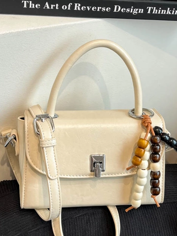 Borsa a Tracolla da Donna in Pelle PU Stile Coreano Borsa a Mano Minimalista Vintage Con Charm in Grani di Legno e Chiusura in Metallo