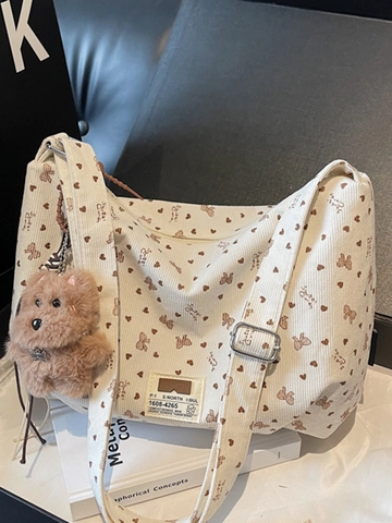 Vintage Corduroy Tote Bag Large Capacity Printed Heart Bow Shoulder Bag For Women School Commute Daily Casual Handbag With Plush Charm