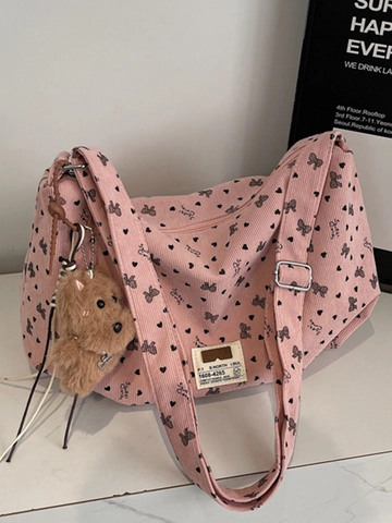 Vintage Corduroy Tote Bag Large Capacity Printed Heart Bow Shoulder Bag For Women School Commute Daily Casual Handbag With Plush Charm