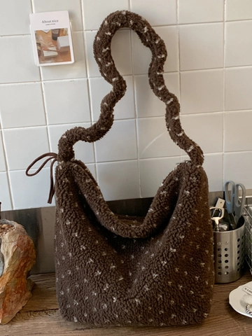 Winter Fashion Fleece Tote Bag Plush Star Pattern Large Capacity Shoulder Bag Casual Commuting Handbag For Women Warm Soft