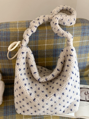 Winter Fashion Fleece Tote Bag Plush Star Pattern Large Capacity Shoulder Bag Casual Commuting Handbag For Women Warm Soft