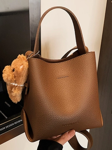 Women Fashion PU Leather Bucket Bag With Plush Toy Pendant Large Capacity Litchi Pattern Shoulder Crossbody Handbag For Daily Commuting