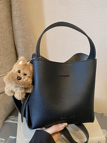 Women Fashion PU Leather Bucket Bag With Plush Toy Pendant Large Capacity Litchi Pattern Shoulder Crossbody Handbag For Daily Commuting