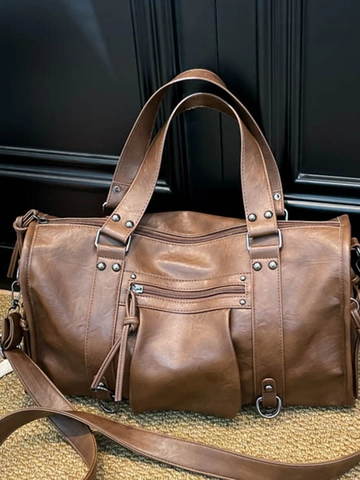 Women Retro PU Leather Motorcycle Boston Bag Large Capacity Tote Handbag With Tassel Rivet Adjustable Strap Shoulder Bag Travel Purse