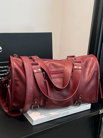 Women Retro PU Leather Motorcycle Boston Bag Large Capacity Tote Handbag With Tassel Rivet Adjustable Strap Shoulder Bag Travel Purse