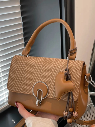 Women's Vintage PU Leather Small Square Bag With Herringbone Pattern Patchwork Shoulder Bag Heart Charm Metal Lock Handbag