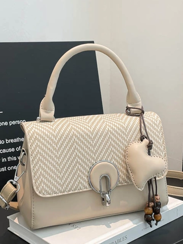 Women's Vintage PU Leather Small Square Bag With Herringbone Pattern Patchwork Shoulder Bag Heart Charm Metal Lock Handbag