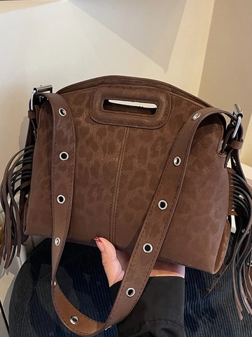 Women Suede Leopard Print Tassel Shoulder Bag Retro Crossbody Bag Urban Simple Handbag With Metal Eyelets Strap Fashion Bag
