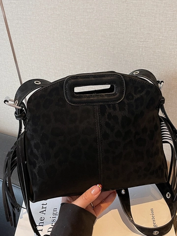 Women Suede Leopard Print Tassel Shoulder Bag Retro Crossbody Bag Urban Simple Handbag With Metal Eyelets Strap Fashion Bag