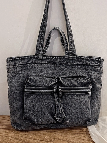 Women Casual Denim Tote Bag Large Capacity Acid Wash Jeans Shoulder Bag With Front Zipper Pockets Retro Fashion Handbag