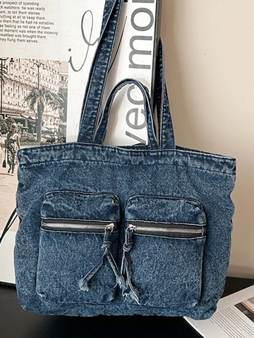Women Casual Denim Tote Bag Large Capacity Acid Wash Jeans Shoulder Bag With Front Zipper Pockets Retro Fashion Handbag