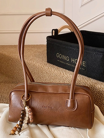Vrouwen Retro PU Leer Onderarmtas Grote Capaciteit Stedelijk Minimalistisch Schoudertas Met Kralenhanger Chique Handtas