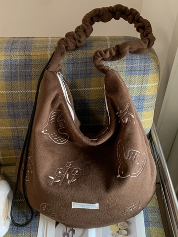 Damen Große Kapazität Polyester Tragetasche Bestickt Vogel Blumenmuster Umhängetasche Mit Gerafftem Schultergurt Hobo Tasche
