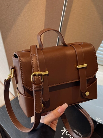 Vintage PU-Leder Kleine Quadratische Tasche Für Damen Minimalistische Umhängetasche Mit Griff Oben Goldene Fünf-Sterne-Hardware