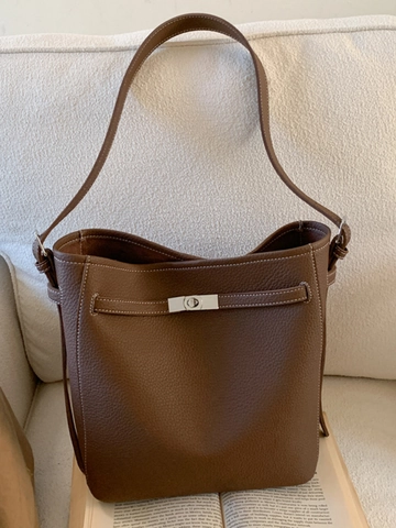 Borsa a Secchiello da Donna in Pelle PU con Trama Litchi Minimalista Cuciture a Contrasto Chiusura a Girello in Metallo Tracolla