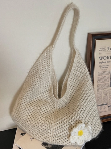 Borsa Tote in Maglia di Grande Capacità Stile Coreano Donna Vintage Hobo a Tracolla All'Uncinetto Con Decoro a Margherita