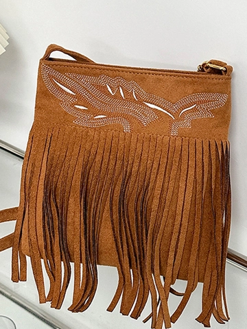 Damen Retro Böhmisch Wildleder Textur Gewebe Umhängetasche Mit Feder Stickerei Und Langer Quaste Crossbody Eimertasche