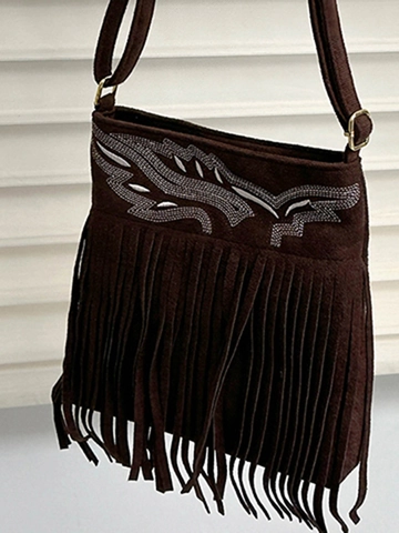 Damen Retro Böhmisch Wildleder Textur Gewebe Umhängetasche Mit Feder Stickerei Und Langer Quaste Crossbody Eimertasche