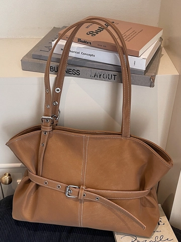 Dames Minimalistische PU Leer Tote Bag Contrast Stiksels Mode Grote Capaciteit Schoudertas Met Gesp Handtas