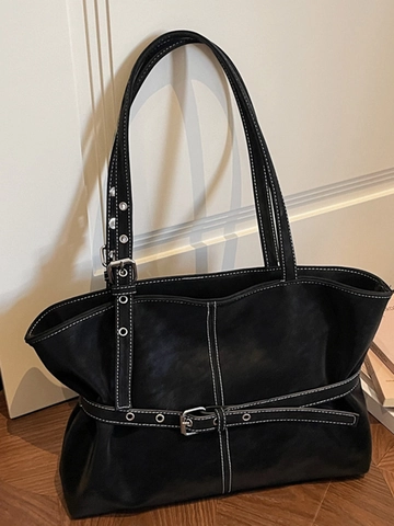 Dames Minimalistische PU Leer Tote Bag Contrast Stiksels Mode Grote Capaciteit Schoudertas Met Gesp Handtas