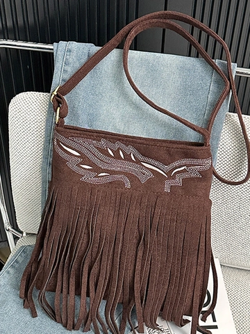 Bohemian Schultertasche aus Wildlederimitat mit Blattstickerei Damen Vintage Eimer Tasche Fransen Umhängetasche Ethno Stil
