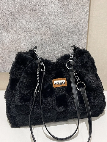 Bolso Tote de Peluche con Tablero de Ajedrez de Gran Capacidad para Invierno de Mujer Bolso de Hombro de Piel Sintética Casual Bolso de Axila de Estilo Perezoso Con Cadena de Metal Bolso de Mano de Color en Contraste