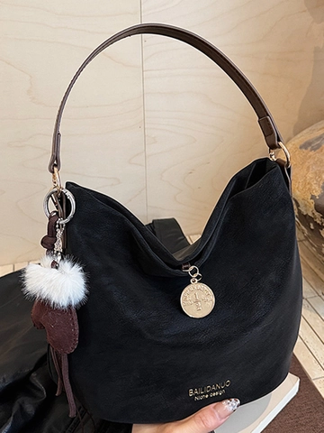 Women Vintage PU Leather Bucket Bag Large Capacity Hobo Shoulder Crossbody Handbag With Plush Pom Pom Charm Minimalist Tote
