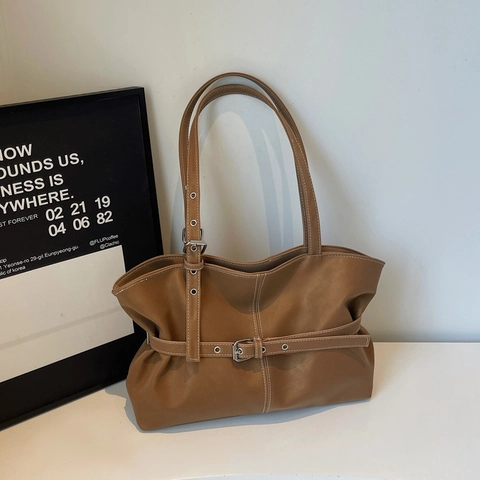 Sac Fourre-tout Vintage Grande Capacité pour Femmes Cuir PU Surpiqûres Contrastées Boucle de Ceinture Sac à Main Épaule Travail