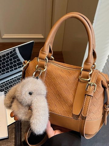 Borsa Boston da Donna Vintage Trama Intrecciata Grande Capacità in Pelle PU Borsa a Cuscino Con Ciondolo Coniglio di Peluche