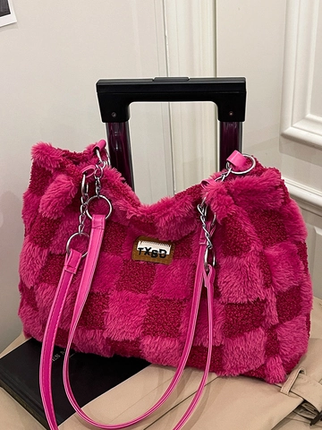 Bolso Tote de Peluche con Tablero de Ajedrez de Gran Capacidad para Invierno de Mujer Bolso de Hombro de Piel Sintética Casual Bolso de Axila de Estilo Perezoso Con Cadena de Metal Bolso de Mano de Color en Contraste