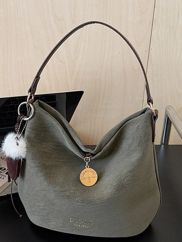 Women Vintage PU Leather Bucket Bag Large Capacity Hobo Shoulder Crossbody Handbag With Plush Pom Pom Charm Minimalist Tote