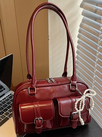 Bolso de Axila de Cuero PU Brillante Vintage para Mujer Moda Multi Bolsillo Bolso de Hombro Con Colgante de Corazón de Perla Artificial Chic Bolso