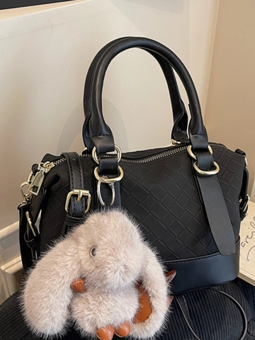 Borsa Boston da Donna Vintage Trama Intrecciata Grande Capacità in Pelle PU Borsa a Cuscino Con Ciondolo Coniglio di Peluche