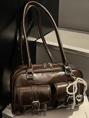 Bolso de Axila de Cuero PU Brillante Vintage para Mujer Moda Multi Bolsillo Bolso de Hombro Con Colgante de Corazón de Perla Artificial Chic Bolso