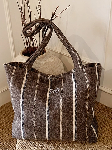 Borsa Tote da Donna Vintage a Righe in Lana Grande Capacità Ricamo a Fiocco Borsa a Spalla Moda Invernale Casual