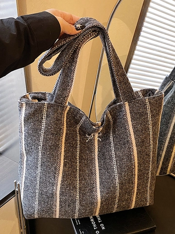 Borsa Tote da Donna Vintage a Righe in Lana Grande Capacità Ricamo a Fiocco Borsa a Spalla Moda Invernale Casual