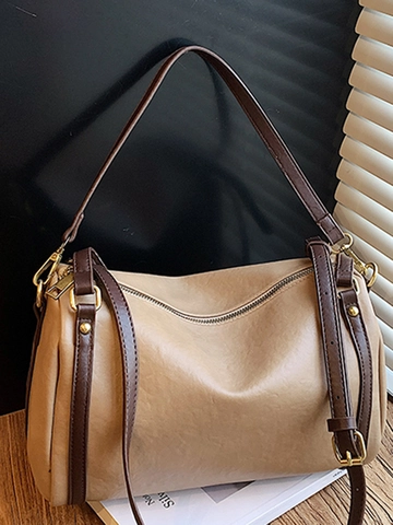 Vintage Boston Bag For Women PU Leather Large Capacity Shoulder Crossbody Bag Retro Commuter Handbag Solid Color
