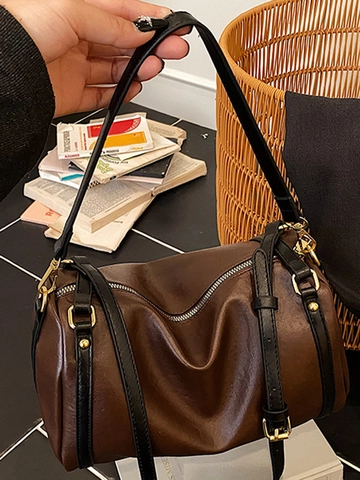 Vintage Boston Bag For Women PU Leather Large Capacity Shoulder Crossbody Bag Retro Commuter Handbag Solid Color