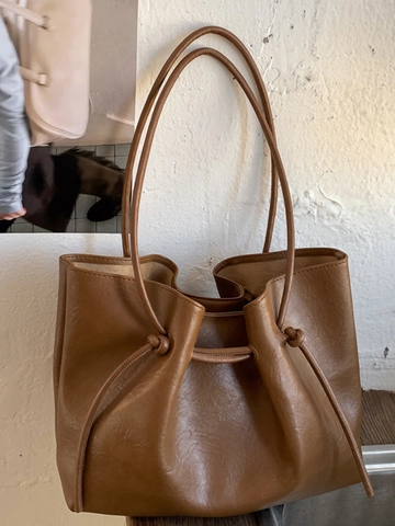 Retro Large Capacity Tote Bag For Women Minimalist PU Leather Shoulder Bag Soft Wrinkled Handbag Fashion Commuter Bag