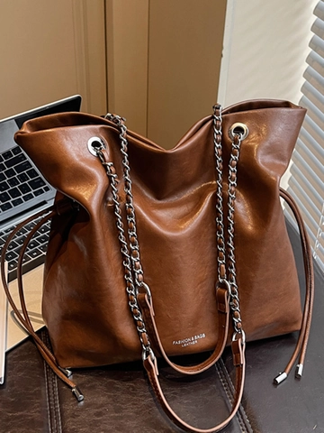 Borsa Tote Grande Capacità in Pelle PU Retrò da Donna Con Tracolla a Catena Minimalista Urbana Borsa a Spalla Inverno