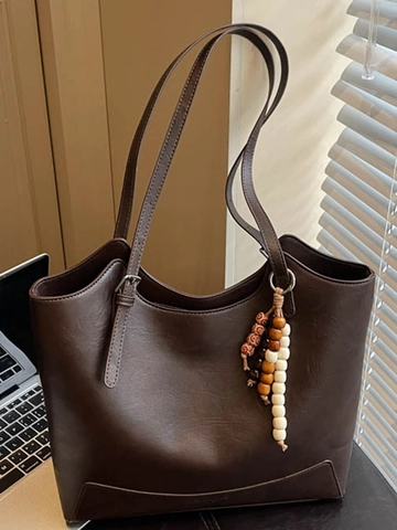 Borsa Tote in Pelle PU Vintage di Grande Capacità per Donna Con Ciondolo in Perle di Legno Semplice Borsa a Tracolla di Moda per Pendolari