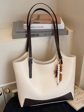 Borsa Tote in Pelle PU Vintage di Grande Capacità per Donna Con Ciondolo in Perle di Legno Semplice Borsa a Tracolla di Moda per Pendolari