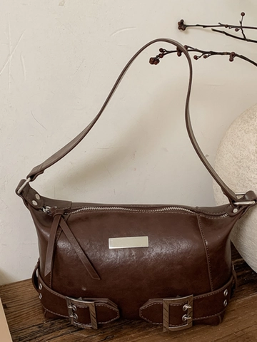Bolso Soberaco de Cuero PU Retro para Mujer Bolso de Hombro Minimalista Vintage Color Sólido Hebilla de Metal Diario