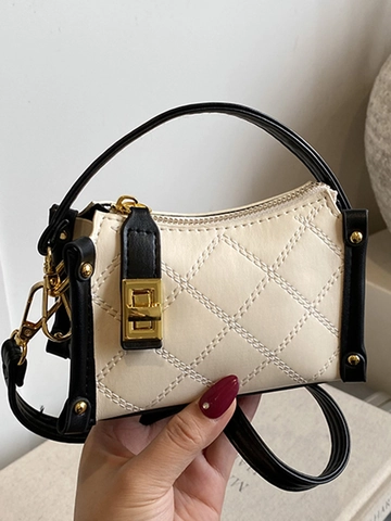 Women Mini Quilted Crossbody Bag PU Leather Rhombic Pattern Metal Lock Shoulder Bag Elegant Small Square Handbag Retro Accessory