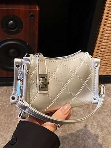 Women Mini Quilted Crossbody Bag PU Leather Rhombic Pattern Metal Lock Shoulder Bag Elegant Small Square Handbag Retro Accessory