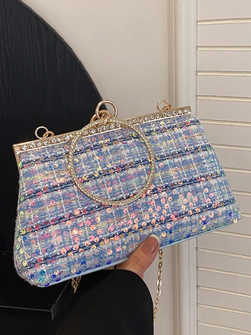 Elegante Damen Pailletten Tweed Muschel Abendtasche Strass Ring Griff Clutch Hochzeit Bankett Umhängetasche Kette