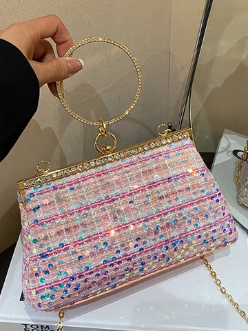 Elegante Damen Pailletten Tweed Muschel Abendtasche Strass Ring Griff Clutch Hochzeit Bankett Umhängetasche Kette