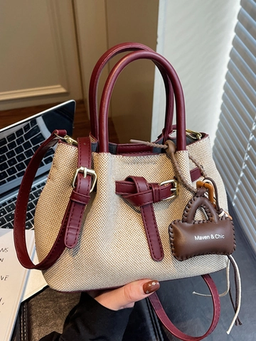 Damen Canvas Leder Patchwork Eimertasche Kontrastnähte Urbaner Stil Schulter Umhängetasche Mit Anhänger